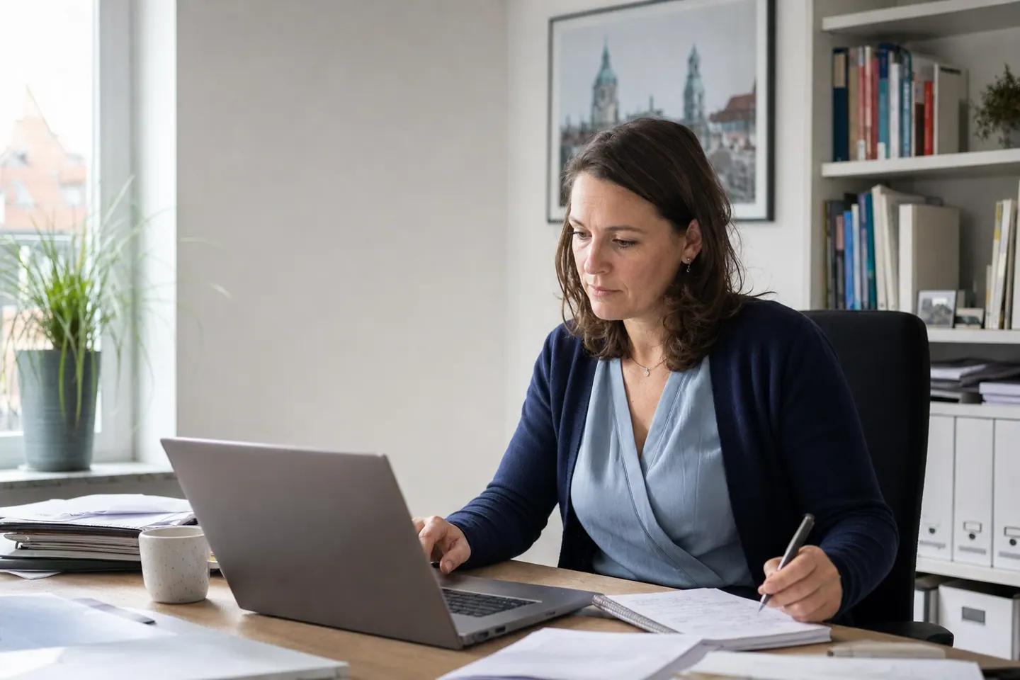 Versicherungsmaklerin arbeitet konzentriert in ihrem eigenen Büro