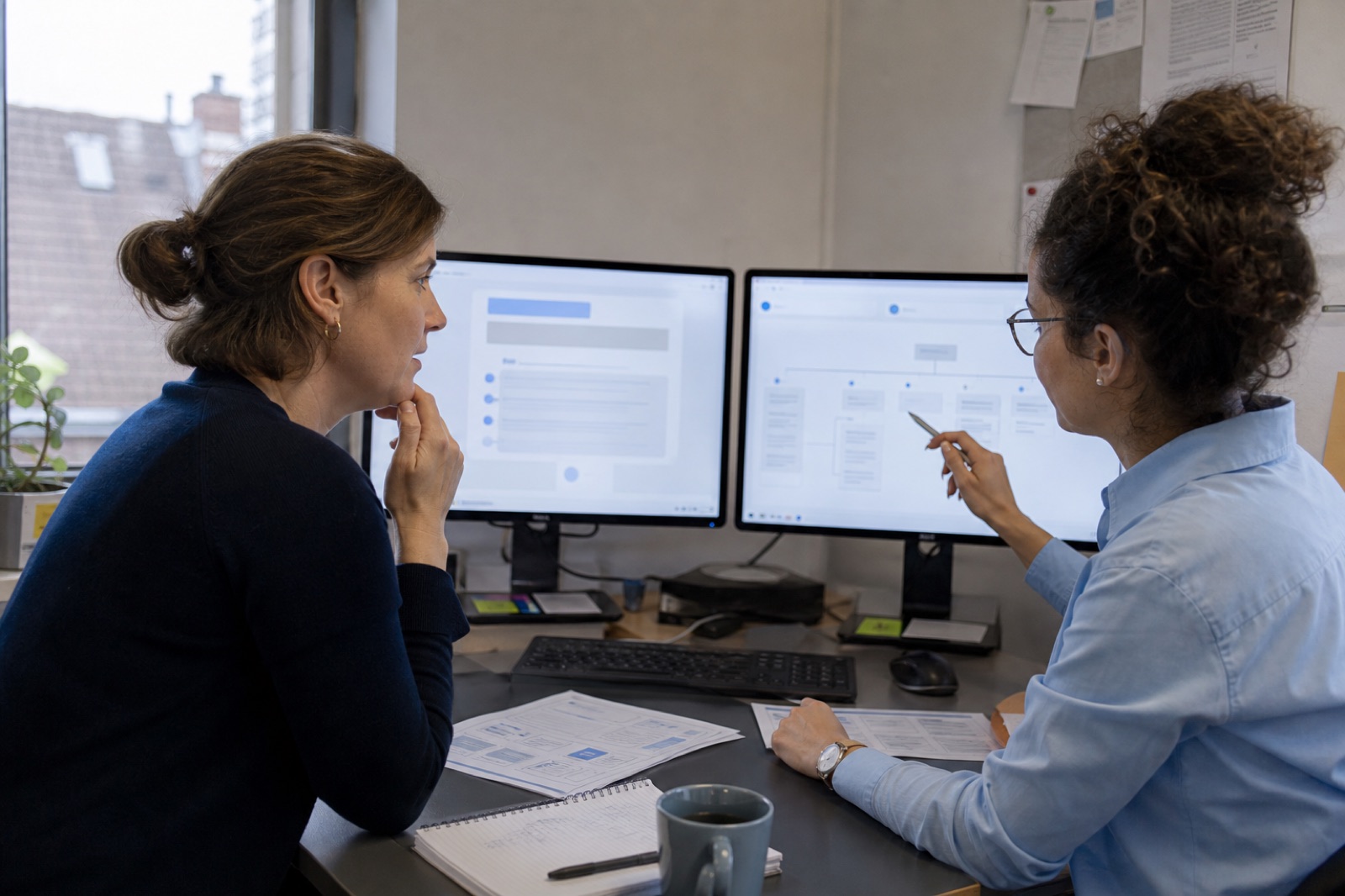 Zwei Marketingexpertinnen prüfen KI-Antworten, Quellen und Website-Struktur